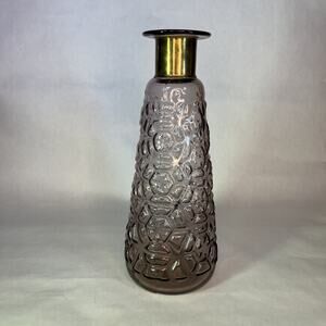 Vintage Bohemian Amethyst Textured Glass Vase • Brass Neck Collar • 13.5"